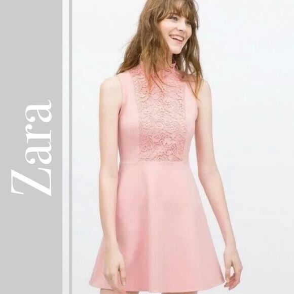 Zara Pink Guipure Lace Scalloped Neck Skater Dress - Picture 1 of 8
